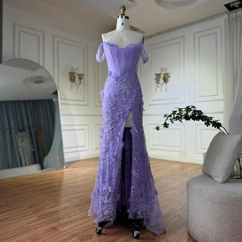 2025 Lilac Off Shoulder Corset Beaded High Slit Tulle Saudi Evening Gown for Formal Occasion LA72874