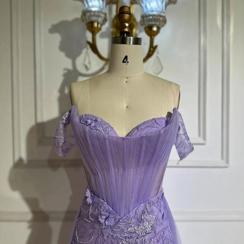 2025 Lilac Off Shoulder Corset Beaded High Slit Tulle Saudi Evening Gown for Formal Occasion LA72874