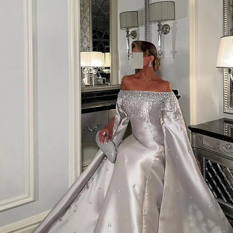 2025 Luxury Off Shoulder A Line Gray Satin Evening Gown Pearl Beaded for Formal Occasion LA72779
