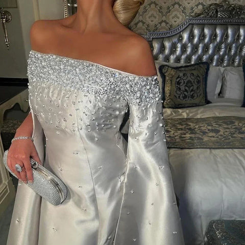 2025 Luxury Off Shoulder A Line Gray Satin Evening Gown Pearl Beaded for Formal Occasion LA72779