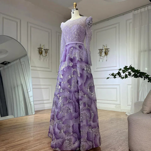 2025 Muslim Elegant Lilac Beaded A Line Evening Gown for Formal Occasion LA72847