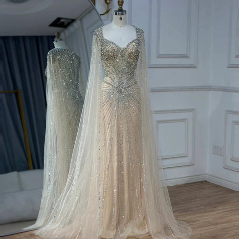 2025 Nude Cape Sleeves Beaded Saudi Arabic Evening Dresses Gowns for Formal Occasion LA72575A