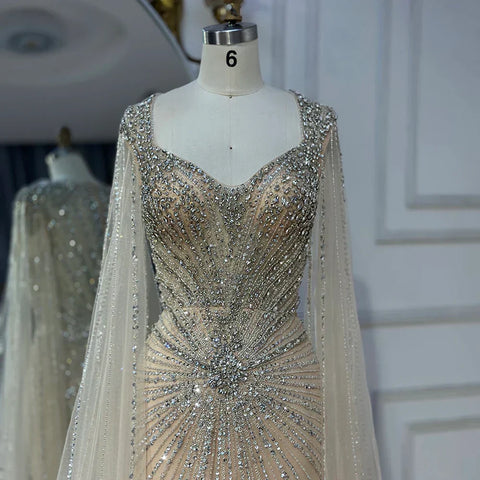 2025 Nude Cape Sleeves Beaded Saudi Arabic Evening Dresses Gowns for Formal Occasion LA72575A