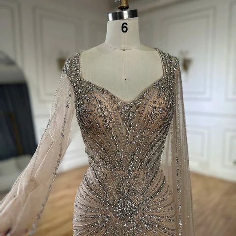 2025 Nude Cape Sleeves Beaded Saudi Arabic Evening Dresses Gowns for Formal Occasion LA72575A