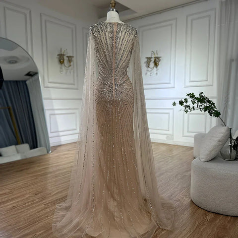 2025 Nude Cape Sleeves Beaded Saudi Arabic Evening Dresses Gowns for Formal Occasion LA72575A