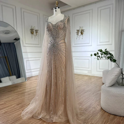 2025 Nude Cape Sleeves Beaded Saudi Arabic Evening Dresses Gowns for Formal Occasion LA72575A
