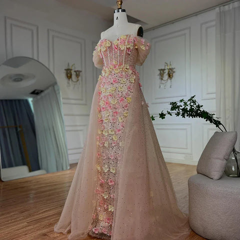 2025 Nude Floral Beaded Off Shoulder Corset Evening Gown With Overskirt for Formal Occasion LA72861