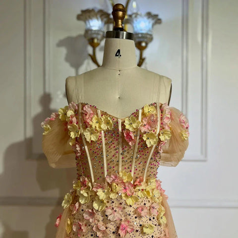 2025 Nude Floral Beaded Off Shoulder Corset Evening Gown With Overskirt for Formal Occasion LA72861