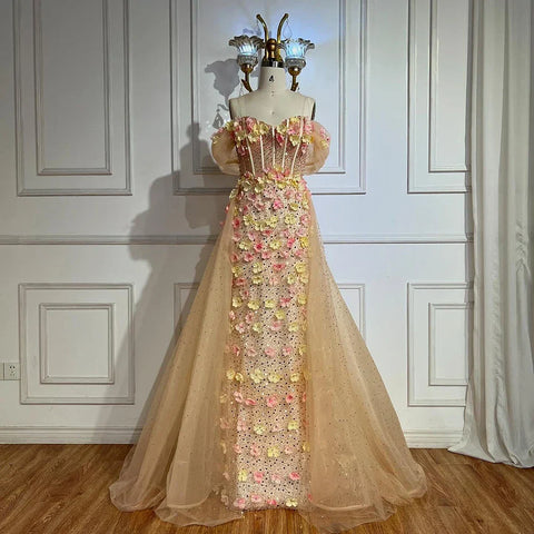 2025 Nude Floral Beaded Off Shoulder Corset Evening Gown With Overskirt for Formal Occasion LA72861