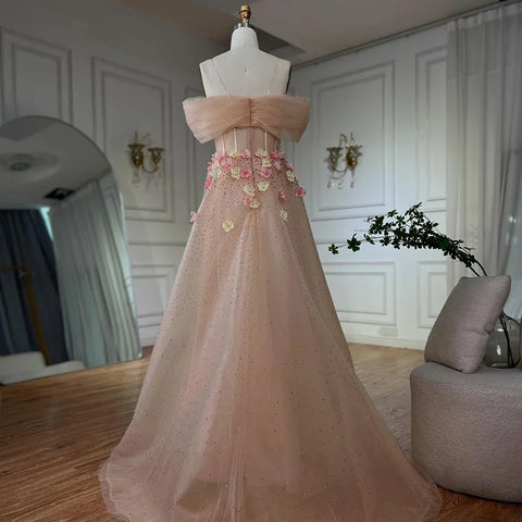 2025 Nude Floral Beaded Off Shoulder Corset Evening Gown With Overskirt for Formal Occasion LA72861