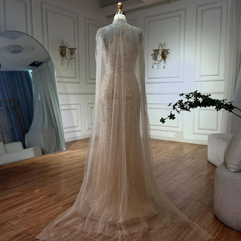 2025 Nude Strapless Pearls Beaded Saudi Evening Gown with Long Sheer Cape for Formal Occasion LA72189A