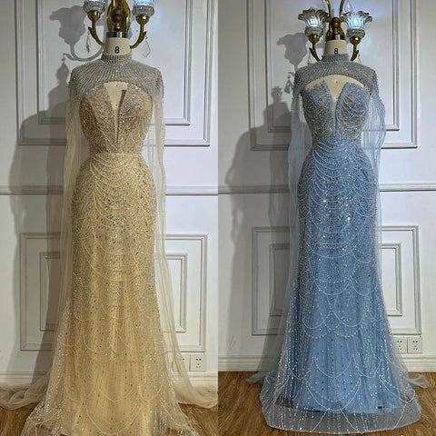 2025 Nude Strapless Pearls Beaded Saudi Evening Gown with Long Sheer Cape for Formal Occasion LA72189A