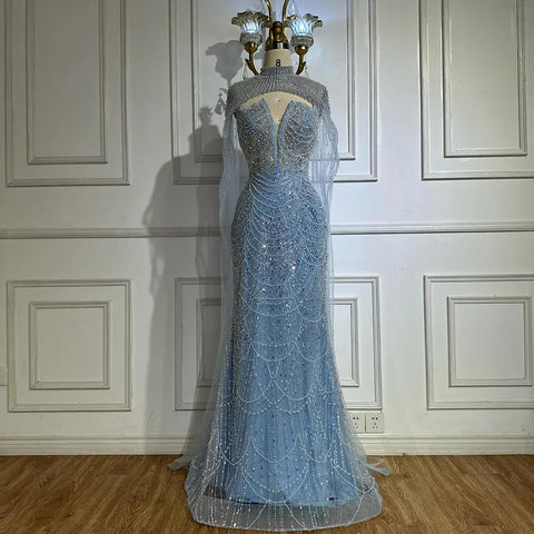 2025 Nude Strapless Pearls Beaded Saudi Evening Gown with Long Sheer Cape for Formal Occasion LA72189A