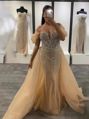 2025 Off Shoulder Nude Beaded Mermaid Saudi Evening Dress Gown With Overskirt for Formal Occasion LA72879