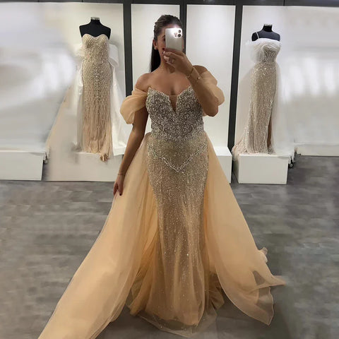 2025 Off Shoulder Nude Beaded Mermaid Saudi Evening Dress Gown With Overskirt for Formal Occasion LA72879
