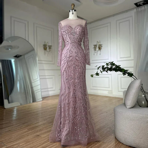 2025 Pink Beaded Saudi Arabic Mermaid Evening Gown with Sheer Long Sleeves for Formal Occasion LA72875