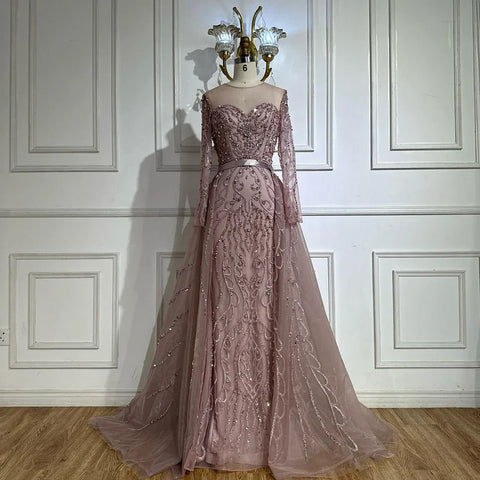 2025 Pink Beaded Saudi Arabic Mermaid Evening Gown with Sheer Long Sleeves for Formal Occasion LA72875