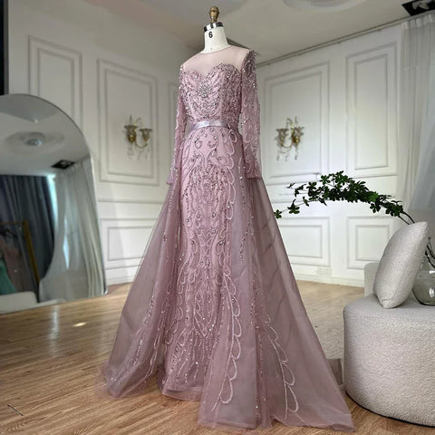 2025 Pink Beaded Saudi Arabic Mermaid Evening Gown with Sheer Long Sleeves for Formal Occasion LA72875
