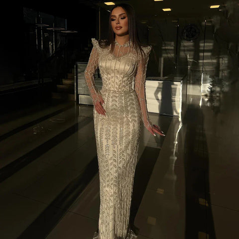 Beige Long Sleeves Arabic Evening Dresses LA72826