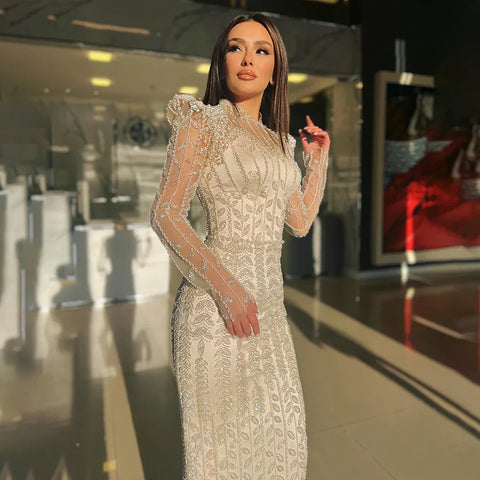 Beige Long Sleeves Arabic Evening Dresses LA72826