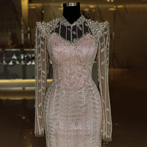 Beige Long Sleeves Arabic Evening Dresses LA72826