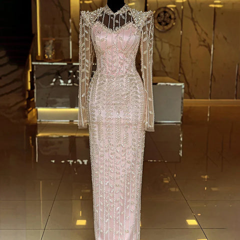 Beige Long Sleeves Arabic Evening Dresses LA72826