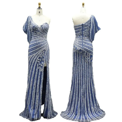 2025 Pink One Shoulder Beaded Mermaid Evening Dresses Gowns with High Split for Formal Occasion LA72821