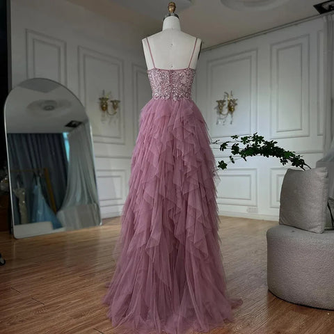2025 Pink Spaghetti Strap Evening Gown Beaded Bodice and Layered Tulle Skirt for Formal Occasion LA72893