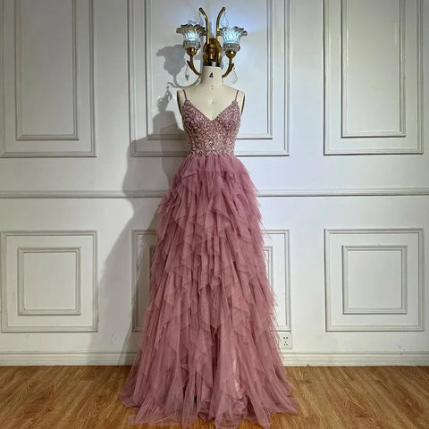 2025 Pink Spaghetti Strap Evening Gown Beaded Bodice and Layered Tulle Skirt for Formal Occasion LA72893