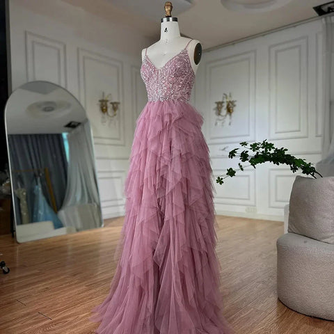 2025 Pink Spaghetti Strap Evening Gown Beaded Bodice and Layered Tulle Skirt for Formal Occasion LA72893