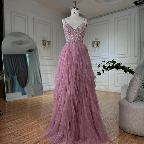2025 Pink Spaghetti Strap Evening Gown Beaded Bodice and Layered Tulle Skirt for Formal Occasion LA72893