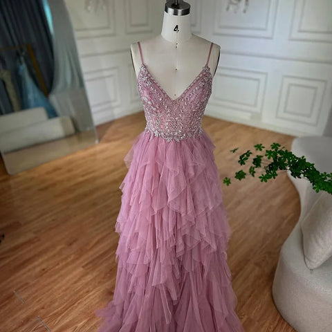 2025 Pink Spaghetti Strap Evening Gown Beaded Bodice and Layered Tulle Skirt for Formal Occasion LA72893