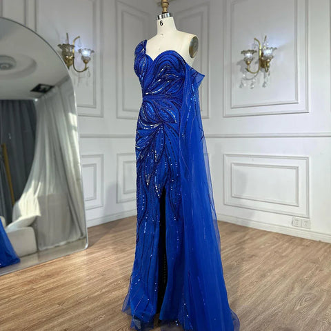 2025 Royal Blue One Shoulder Beaded Mermaid Evening Dress with Split for Formal Occasion LA72869