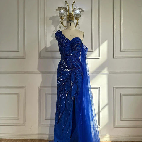 2025 Royal Blue One Shoulder Beaded Mermaid Evening Dress with Split for Formal Occasion LA72869