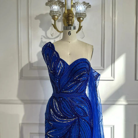 2025 Royal Blue One Shoulder Beaded Mermaid Evening Dress with Split for Formal Occasion LA72869