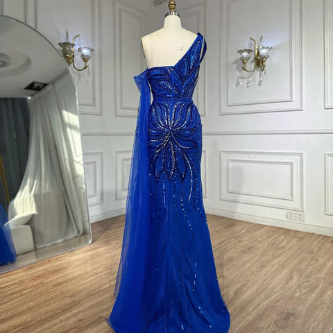 2025 Royal Blue One Shoulder Beaded Mermaid Evening Dress with Split for Formal Occasion LA72869