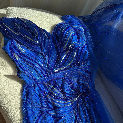 2025 Royal Blue One Shoulder Beaded Mermaid Evening Dress with Split for Formal Occasion LA72869