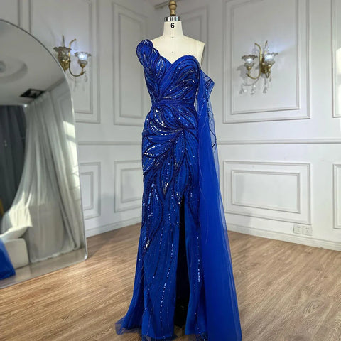 2025 Royal Blue One Shoulder Beaded Mermaid Evening Dress with Split for Formal Occasion LA72869
