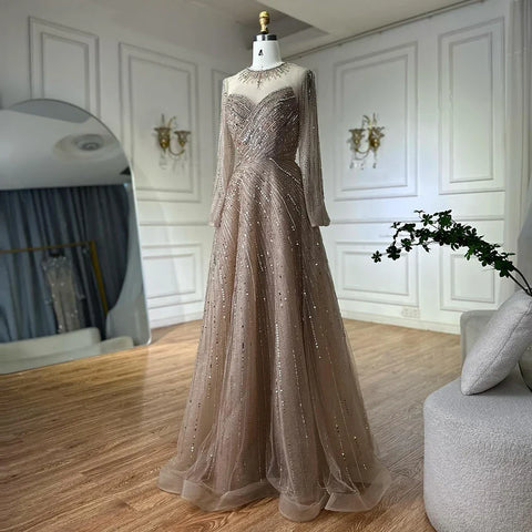 2025 Saudi Arabic Caramel Beaded A Line Evening Gown with Sheer Top for Formal Occasion LA72563A