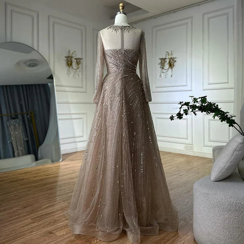 2025 Saudi Arabic Caramel Beaded A Line Evening Gown with Sheer Top for Formal Occasion LA72563A