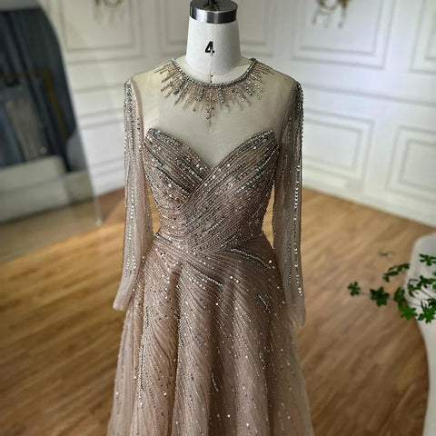 2025 Saudi Arabic Caramel Beaded A Line Evening Gown with Sheer Top for Formal Occasion LA72563A
