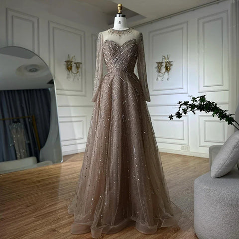 2025 Saudi Arabic Caramel Beaded A Line Evening Gown with Sheer Top for Formal Occasion LA72563A