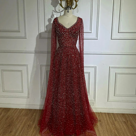 2025 Saudi Arabic Caramel Beaded Cape Sleeves A Line Evening Gown for Formal Occasion LA72147A