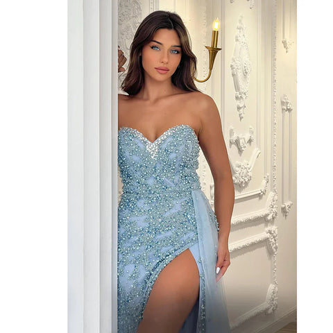 2025 Saudi Arabic Evening Gown for Formal Occasion Elegant Blue Beaded Dress with Slit LA72877