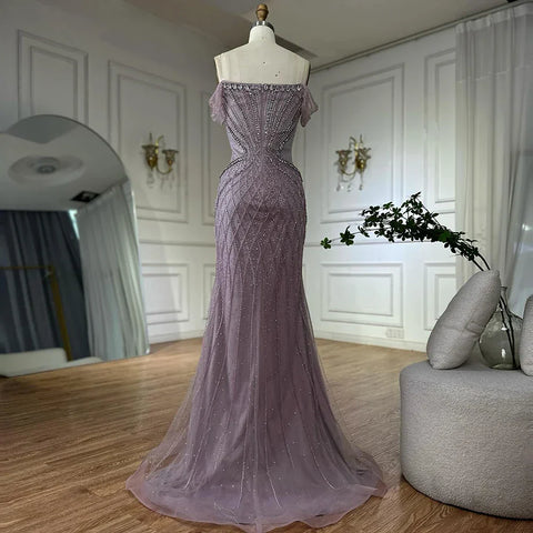 2025 Saudi Arabic Off Shoulder Nude Beaded Tulle Mermaid Evening Gown for Formal Occasion LA72854