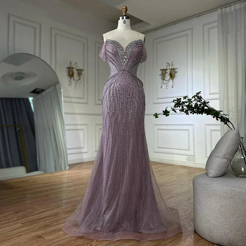 2025 Saudi Arabic Off Shoulder Nude Beaded Tulle Mermaid Evening Gown for Formal Occasion LA72854