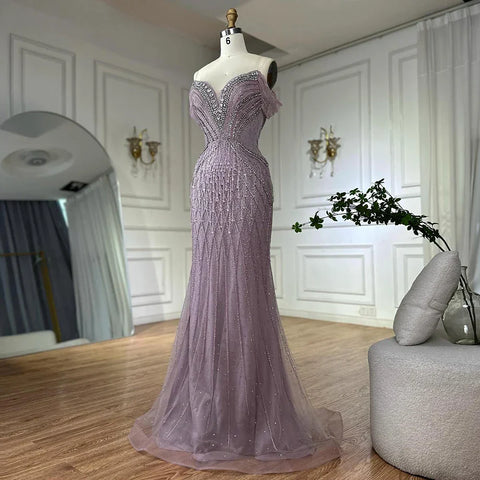 2025 Saudi Arabic Off Shoulder Nude Beaded Tulle Mermaid Evening Gown for Formal Occasion LA72854