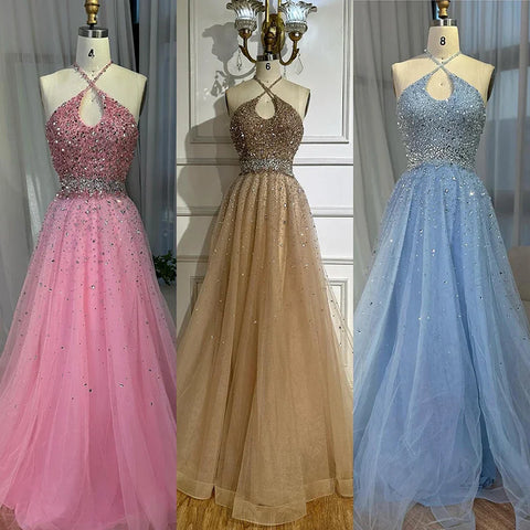 2025 Saudi Arabic Caramel Halter Beaded Tulle A-Line Evening Gown LA72863