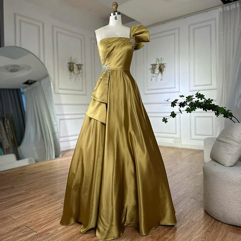 2025 Saudi Arabic Yellow Satin One Shoulder A Line Evening Dress with Beaded for Formal Occasion LA72794