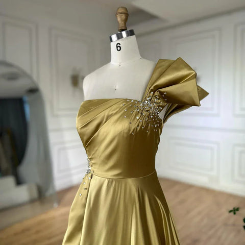 2025 Saudi Arabic Yellow Satin One Shoulder A Line Evening Dress with Beaded for Formal Occasion LA72794